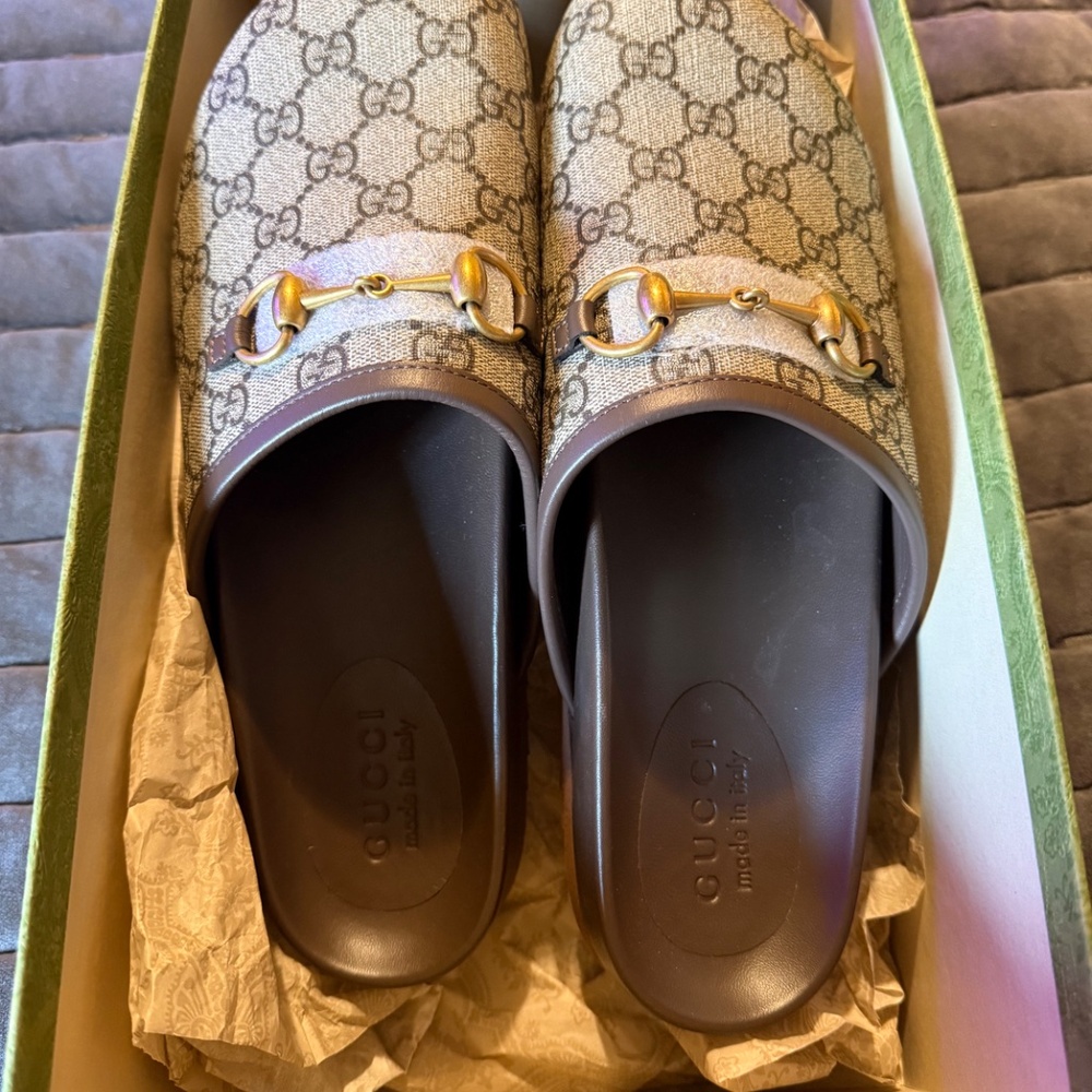 Gucci Beige Brown Logo Horsebit Mules - Picture 2 of 8
